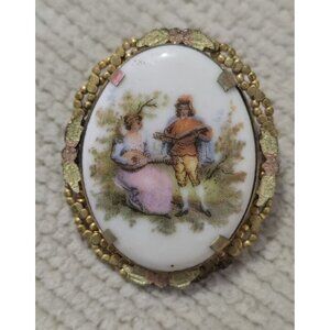 Antique Porcelain Brooch/Pendant Courting Couple Scene & Ornate Gold-Tone Frame